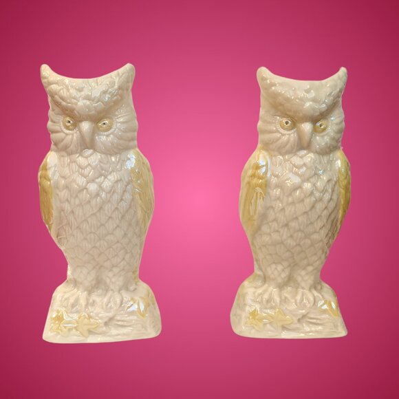 Pair vintage porcelain lusterware Belleek vases cream & yellow owls mint cond.
